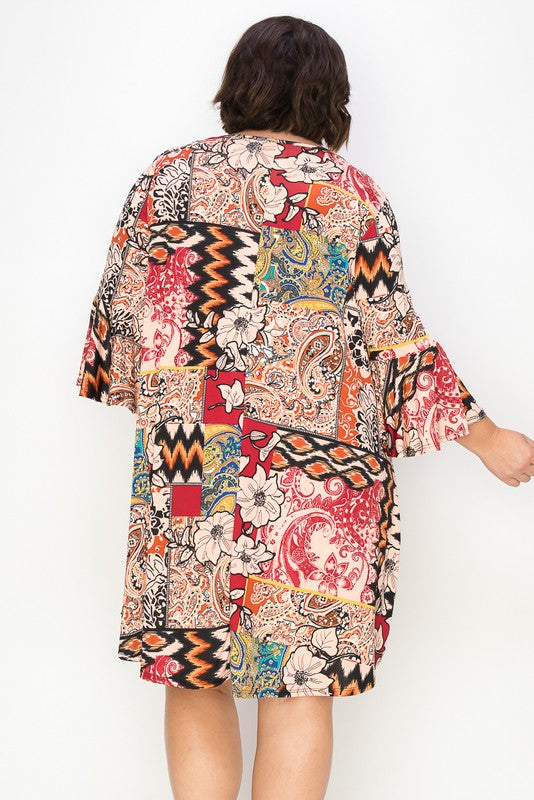 Ruffle Sleeve Multi-Print Dress