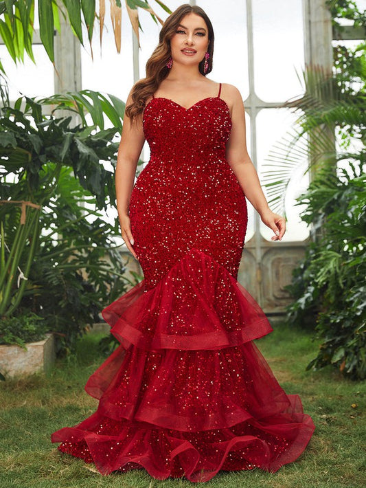 Red Tiered Sequin Mermaid Dress