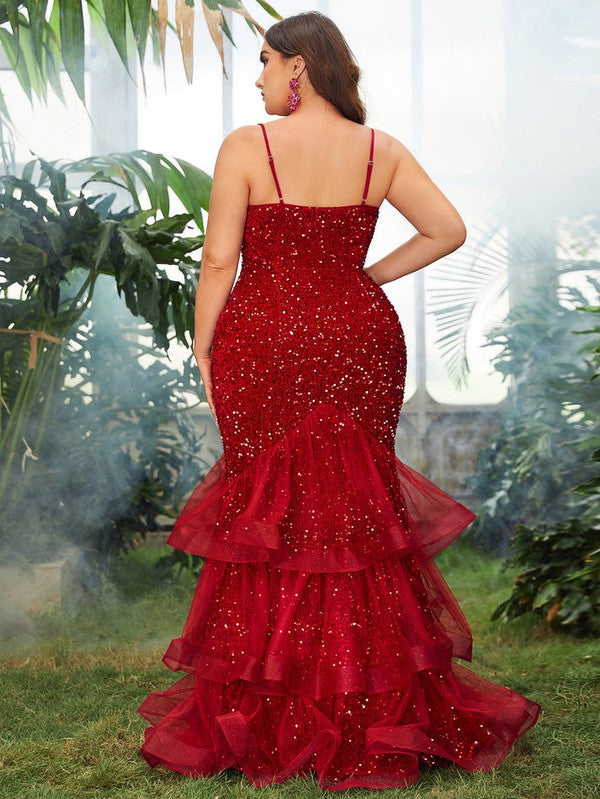 Red Tiered Sequin Mermaid Dress