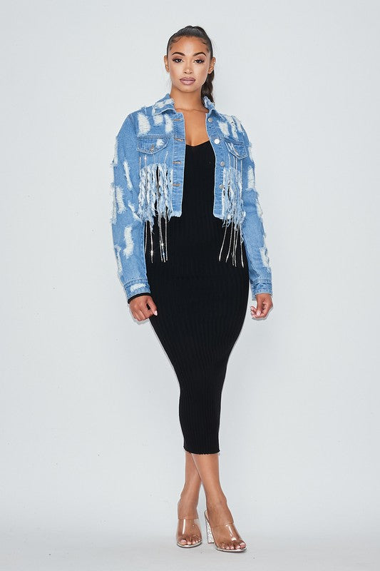 Cropped Rhinestone Denim Jacket