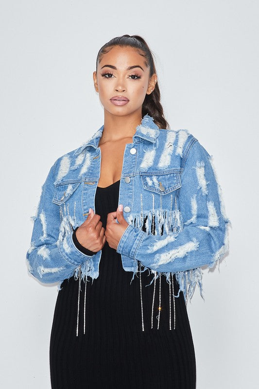 Cropped Rhinestone Denim Jacket