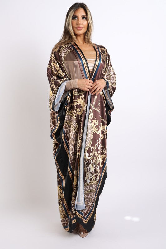 Printed satin maxi kimono