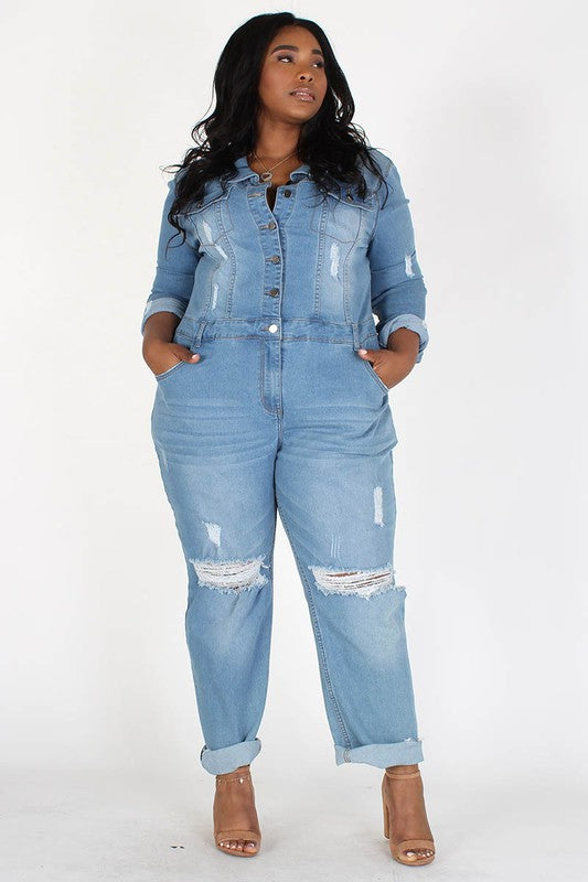 Distressed Button Front Cuffed Jumpsuit