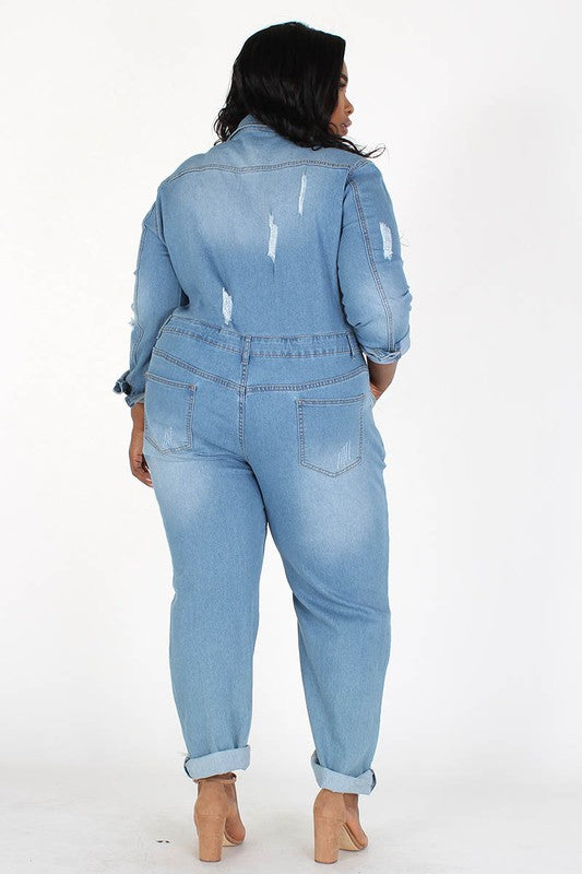 Distressed Button Front Cuffed Jumpsuit